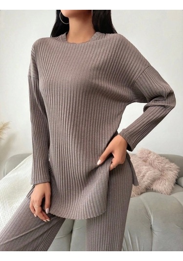 Defymoda Kadın Uzun Kollu Kaşkorseikili Takım Sütlü Kahve