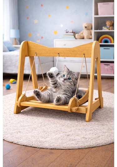 Ahşap Kedi Salıncağı & Oyun Platformu Ponponlu, Doğal Ahşap Oyuncak