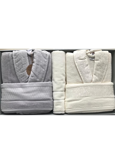 Özdilek Camellia Gri Krem Aile Bornoz Seti + Banyo Paspas 4542 Krem