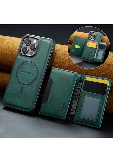 Willowhaven İphone Uyumlu 13 Pro Max Yeşil Manyetik Cüzdan Kılıfı 8 Kart Bölmeli Çıkarılabilir Şarj Standlı Kılıf