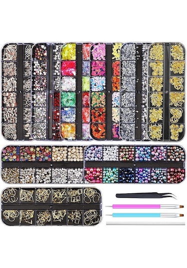 Yifomall Profesyonel Tırnak Dekor Seti - 9 Kutu Simli Aksesuar + 2 Fırça + 1 Cımbız İle Mükemmel Tasarımlar
