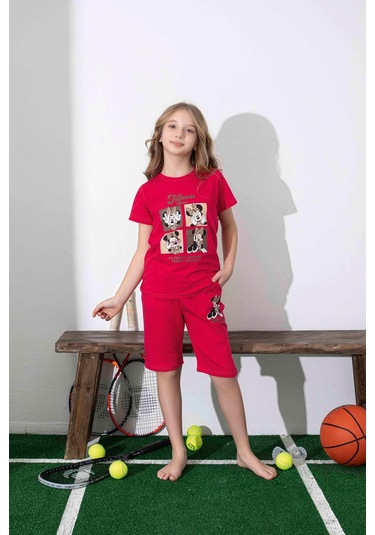 Kız Çocuk Mini Desenli Kırmızı Şortlu Pijama Takımı-1311 Kırmızı