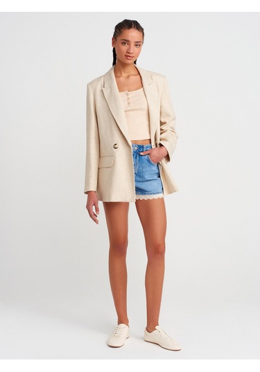 Dilvin 20983 Düğmeli Kare Yaka Top-bej Melanj Bej Melanj