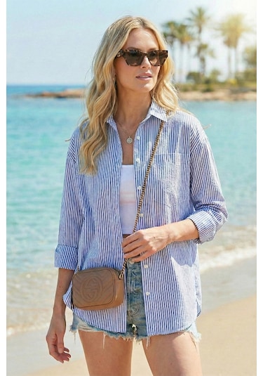 Lela Regular Fit Uzun Kollu Cepli Çizgili Bayan Gömlek 6772895 Indigo