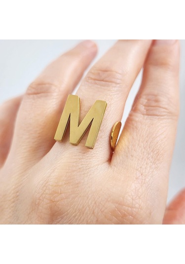 Çelik Gold Düz Kesim Harf Yüzük -m Harfi- Ayarlı Ölçü-1897 Altın
