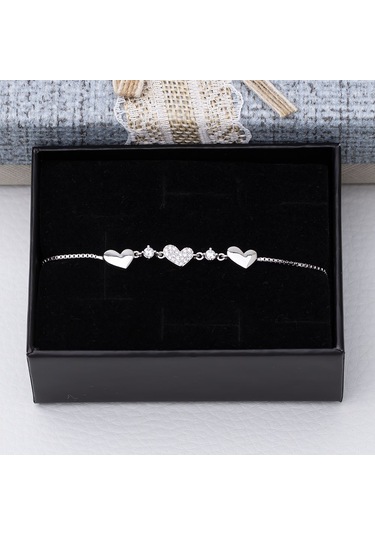3'lü Kalp Model 925 Ayar Gümüş Kadın Asansörlü Bileklik Gümüş