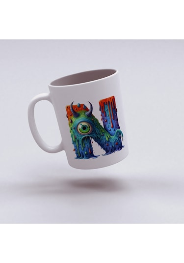 N Harfi Bardak, Sevimli Canavarlar Harflı Bardak Hediyesi Porselen Beyaz