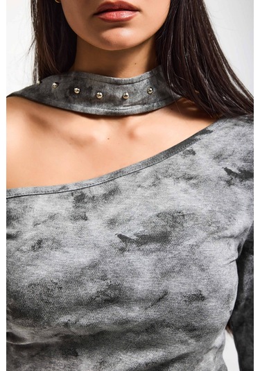 Itsbasic Kadın Gri W5 Asimetrik Kesim Özel Kumaş Tasarım Crop Top