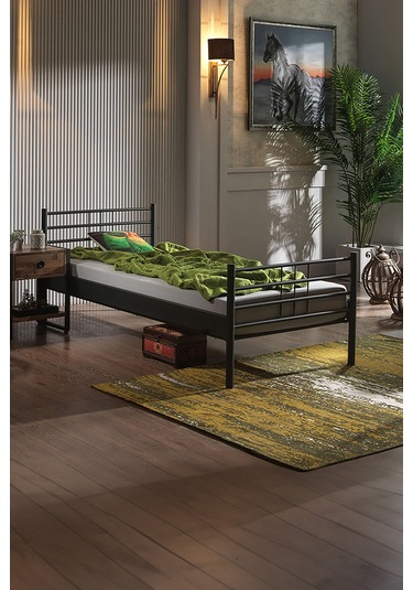 Manyas Tek Kişilik Ferforje Metal Karyola-siyah Ahşap Latalı