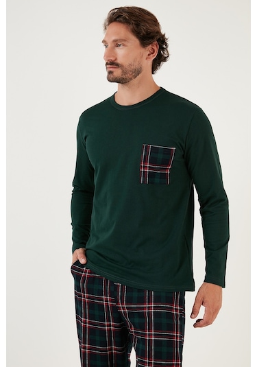 Buratti Ekoseli Cepli Beli Lastikli % 100 Pamuk Regular Fit Erkek Pijama Takımı 6572001 Yeşil