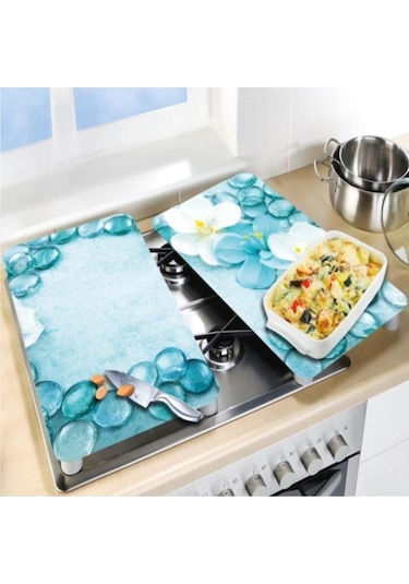 Dekoratif Cam Ocak Koruyucu ve Kesim Tahtası Mavi Taşlar 60Cm X 5