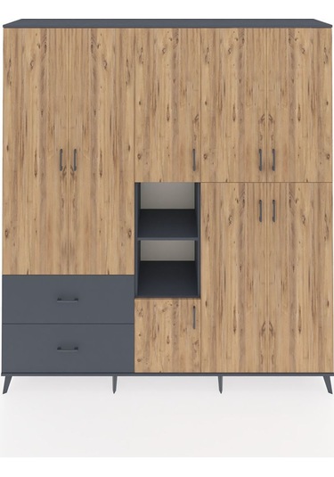 Hyperion Dolap 12 Raflı 2 Çekmeceli Tek Askılı 220x44x243 Antrasit-çam/antrasit Atlas Çam/antrasıt