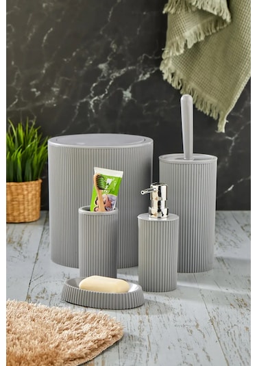 Line 5 Parça Yuvarlak Banyo Seti - Çöp Kovası Wc Fırçası Sıvı-katı Sabunluk Diş Fırças Gri