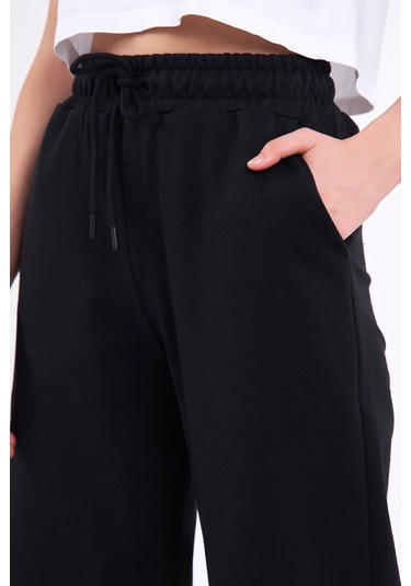 Kadın Mevsimlik Salaş Geniş Rahat Paça Yan Cepli Siyah Eşofman Altı Antrasit