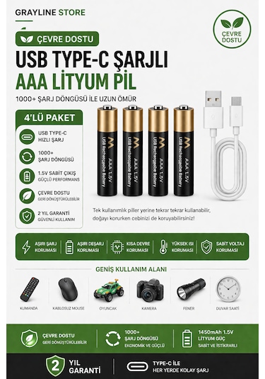 Usb Type-c Şarjlı Aaa İnce Kalem Pil 4 Lü Paket 1.5v Lityum