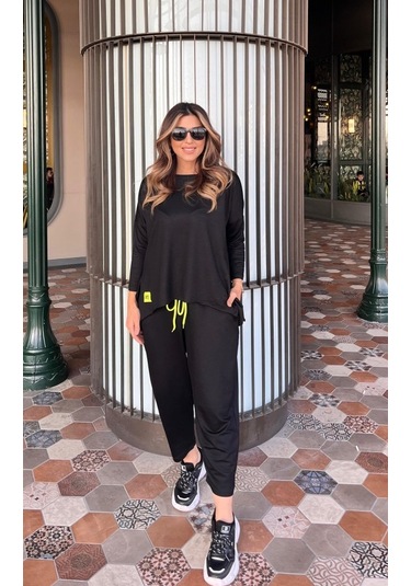 Gülsüm Aydın Kadın Iki Iplik Viskon Pamuk Kumaş Arma Detaylı Ikili Takım Siyah