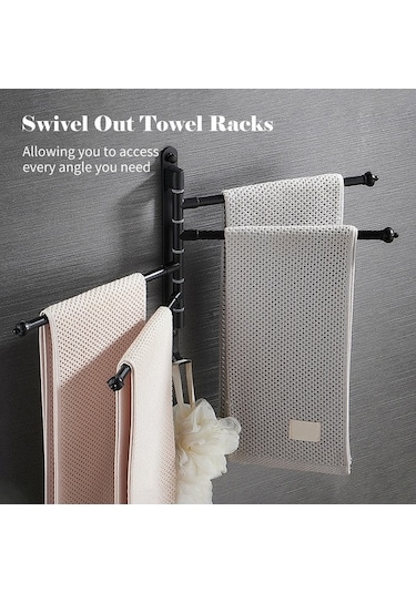 Novahub 5 Kollu Dönebilir Alüminyum Havlu Askısı - Deliksiz/delikli Montaj, 180 Dönüşlü, Pratik Kancalı, 30cm Siyah Siyah
