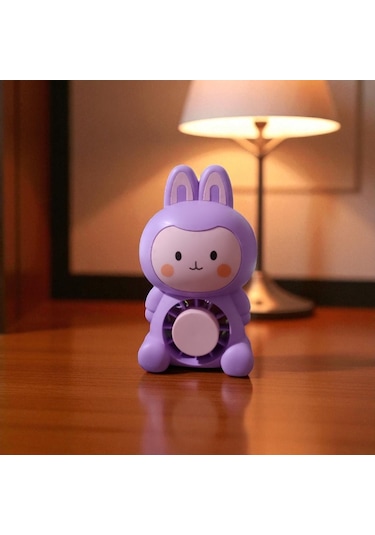 Masa Üstü Vantilatör Mini Tavşan Fan Usb Şarjlı Vantilatör Mor Pembe Işıklı