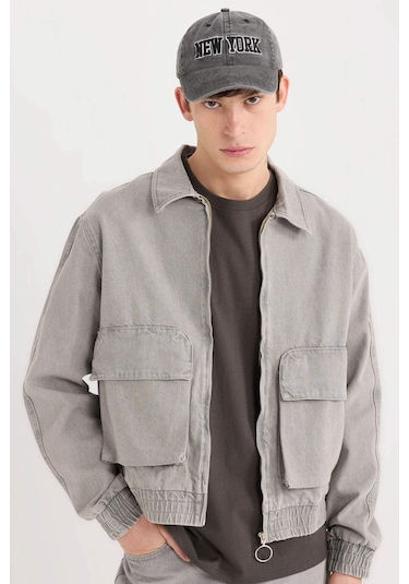 DeFacto Relax Fit Fermuarlı Cepli Jean Ceket C3414AX24AUNM55 Gri