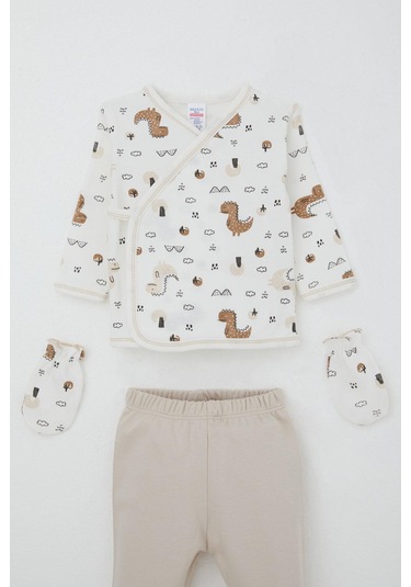 Breeze Erkek Bebek Hastane Çıkışı 5 Li Doğa Temalı Sevimli Minik Dinozor Desenli 0-3 Ay, Ekru Ekru