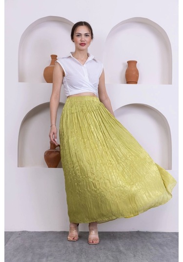 Kırışık Detaylı Etek 6034-yağ Yeşili Yağ Yeşili