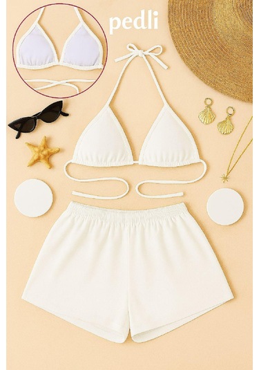 Kadın Beyaz Şortlu Belden Ve Boyundan Bağlamalı Bikini Takımı Beyaz