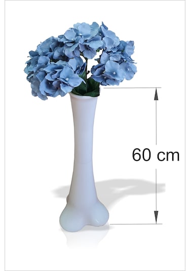Uzun 60 Cm Sert Ağır Plastik Vazo Mavi Yapay 50 Cm Ortanca Çiçek