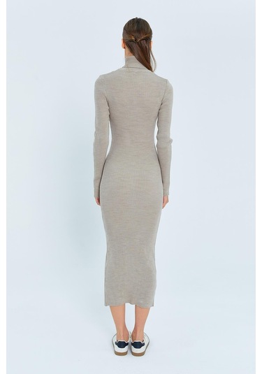 6889 Kadın Balıkçı Yırtmaçlı Uzun Triko Elbise Taş Taş