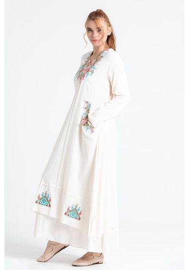 Uzun Kol Şile Bezi Nakışlı Antik Uzun Elbise Krem Krm-krem