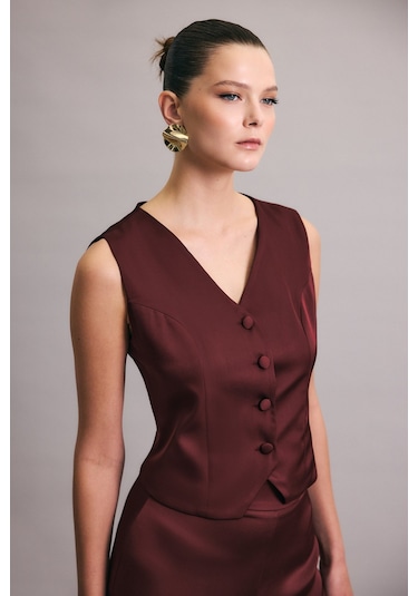 Sateen Klasik Düz Yelek - Bordo-137030 Bordo