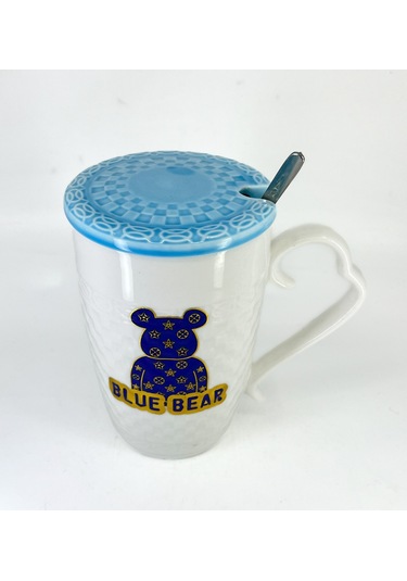 Porselen Kapaklı Mavi Ayıcık Desenli Porselen Kupa Bardak Beyaz