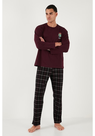 Buratti Ekoseli Regular Fit Yüksek Bel Cepli Bisiklet Yaka Erkek Pijama Takımı 6574002 Siyah-Bordo