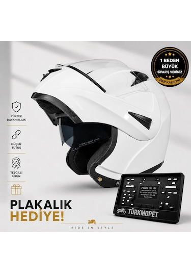 Vrt Çene Açılır Güneş Vizörlü Kask + Plakalık Beyaz