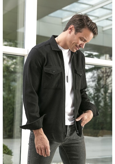 Buratti Çift Cepli Fermuarlı Slim Fit Kışlık Erkek Gömlek Cf21W112925 Siyah