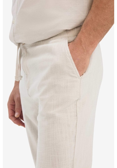 DeFacto %100 Pamuk Keten Görünümlü Pantolon Beli Lastikli Slim Fit Dar Kesim Cepli Düz Paça D2671AX25SMBG74