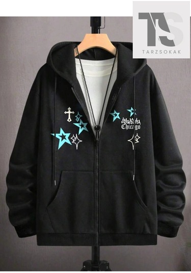 Tarzsokak Chicago Star Sembol Sweatshirt Fermuarlı Hırka Siyah Siyah