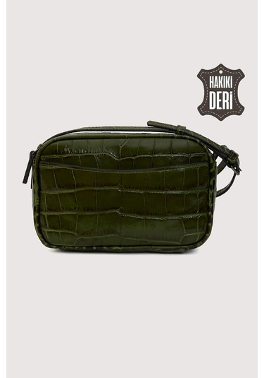 Hakiki Deri Kadın Çapraz Omuz Çantası Yeşil Kroko Smr8975 Yeşil Kroko