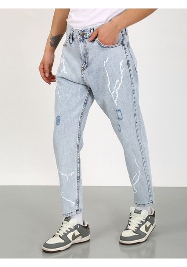 Boyfriend Lazerli Şimşek Desenli Buz Mavi Jean-buz Mavi - 36 Buz Mavi