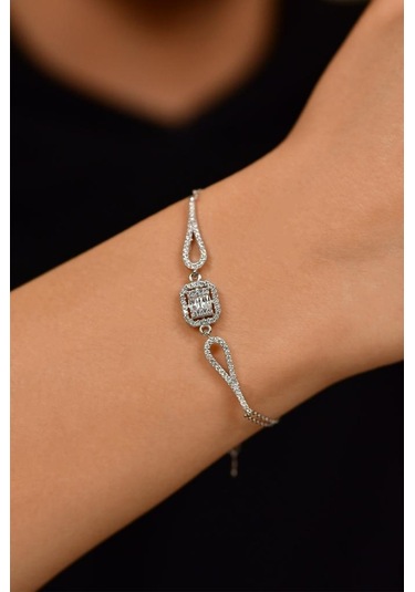 Roza Silver Zirkon Taşlı Rodyum 3 Sıra Baget Gümüş Bileklik