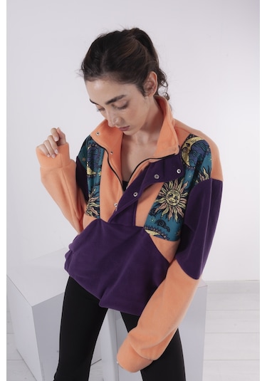 Kadın Erkek Güneş Desenli Yarım Fermuarlı Polar Sweatshirt