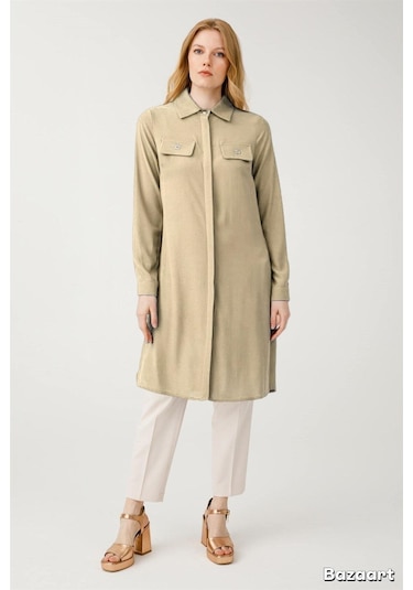 Çift Cepli Cep Üzeri Aksesuarlı Uzun Tunik Taş Gri