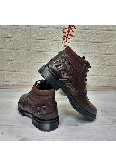 M.p 4201 Kahve Hakiki Deri Bağacaklı Fermuarlı Fuspetli Erkek Bot 001