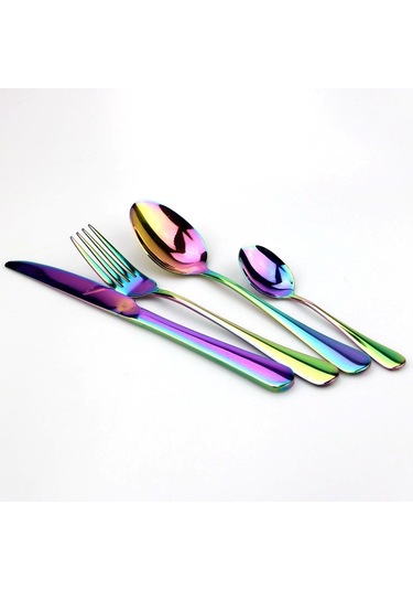 Gümüş 4 Adet Yemek Takımı Seti Paslanmaz Çelik Renkli Gökkuşağı Çatal Bıçak Takımı Gümüş