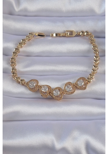 Ezoconcept Pirinç Gold Renk İçi Zirkon Taşlı Kalp Figürlü Bileklik Çok Renkli
