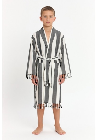 Çocuk Striped Peştamal Bornoz %100 Pamuk Unisex Siyah