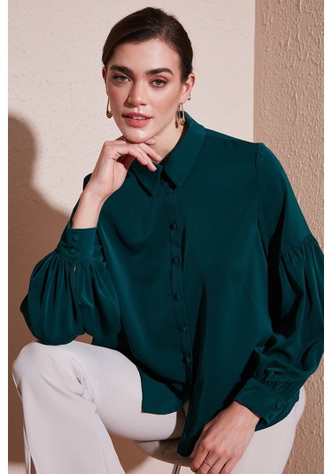 Lela Regular Fit Dikiş Detaylı Düz Yaka Balon Kol Bayan Gömlek 611Go00003 Zümrüt