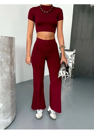 Osy Modal Yumuşak Dokulu Kumaş Kısa Kollu Crop Alt İspanyol Paça Pantalon İkili Takım - Bordo Çok Renkli