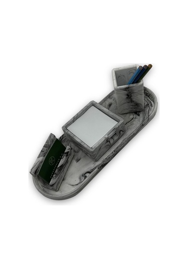 Mermer Desenli Beton 4 Parça Ofis Seti Kartlık Kalemlik Notluk Kartvizitlik Tepsi Gri