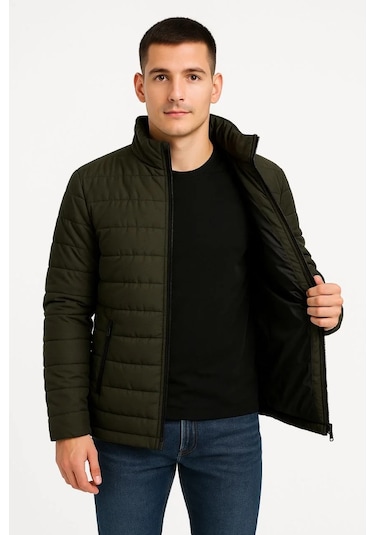 Erkek Bomber Mont Ceket Su İtici Kumaş, Kapitone Astarlı, Fermuarlı, Kışlık - Haki Haki