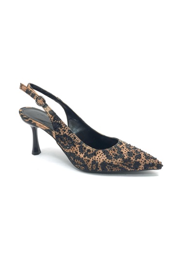 Feles Taş Detaylı Arkası Açık Stiletto Kadın Topuklu Ayakkabı Leopar